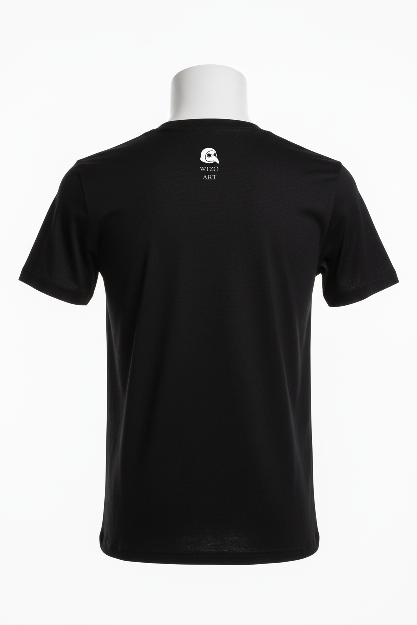 Camiseta negra con etiqueta blanca