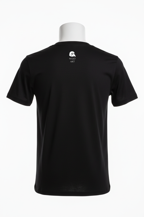 Camiseta negra con etiqueta blanca